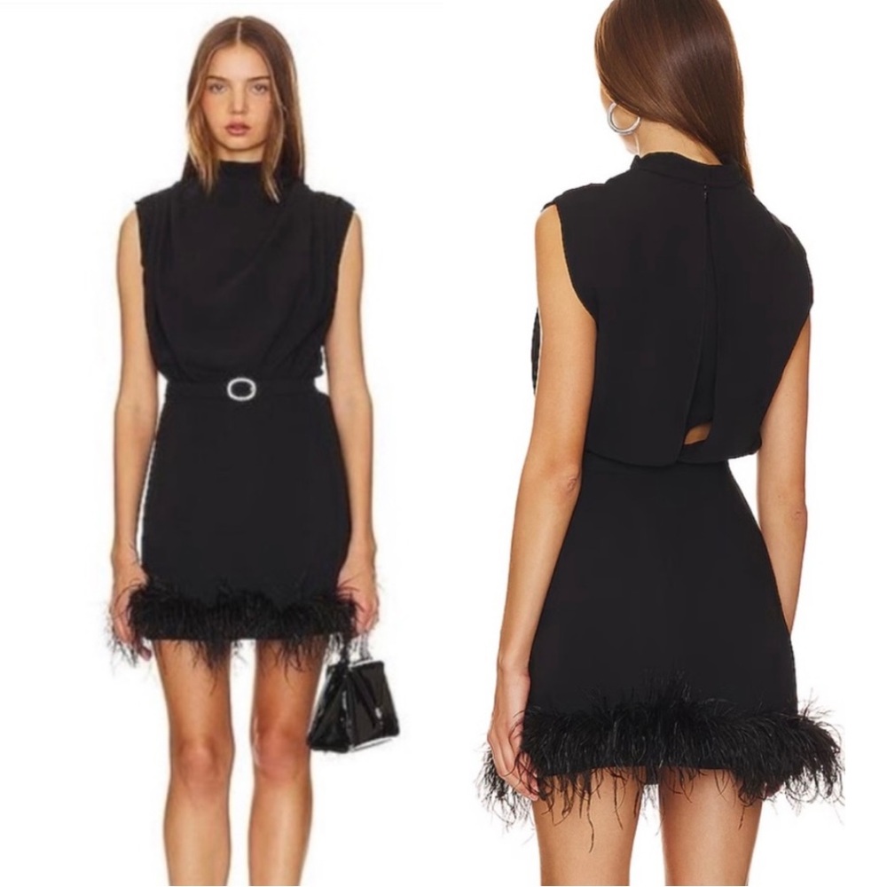 Amanda Uprichard Sullivan Mini Dress Black Feather Trim Crystal Belt XS NWT